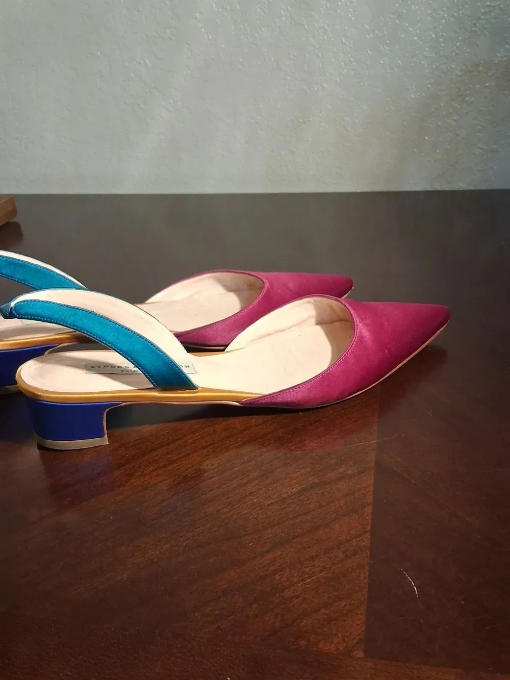 Stubbs & Wootton Magenta Pointed Slingbacks with Teal Straps